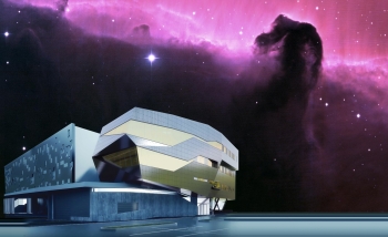 Perimeter Institute's building against the backdrop of a purple picture of the universe