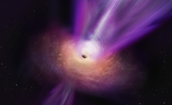 This artist’s conception shows a close-up view to the accretion flow and the jet emerging from black hole region in Messier 87. Credit: Sophia Dagnello, NRAO/AUI/NSF.