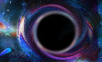 Graphic illustration of a black hole surrounded by galaxies