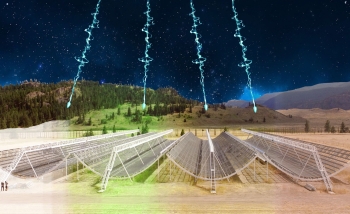 An artist’s impression of the CHIME telescope detecting FRBs throughout the year. CHIME/FRB Collaboration, with artistic additions by Luka Vlajić.