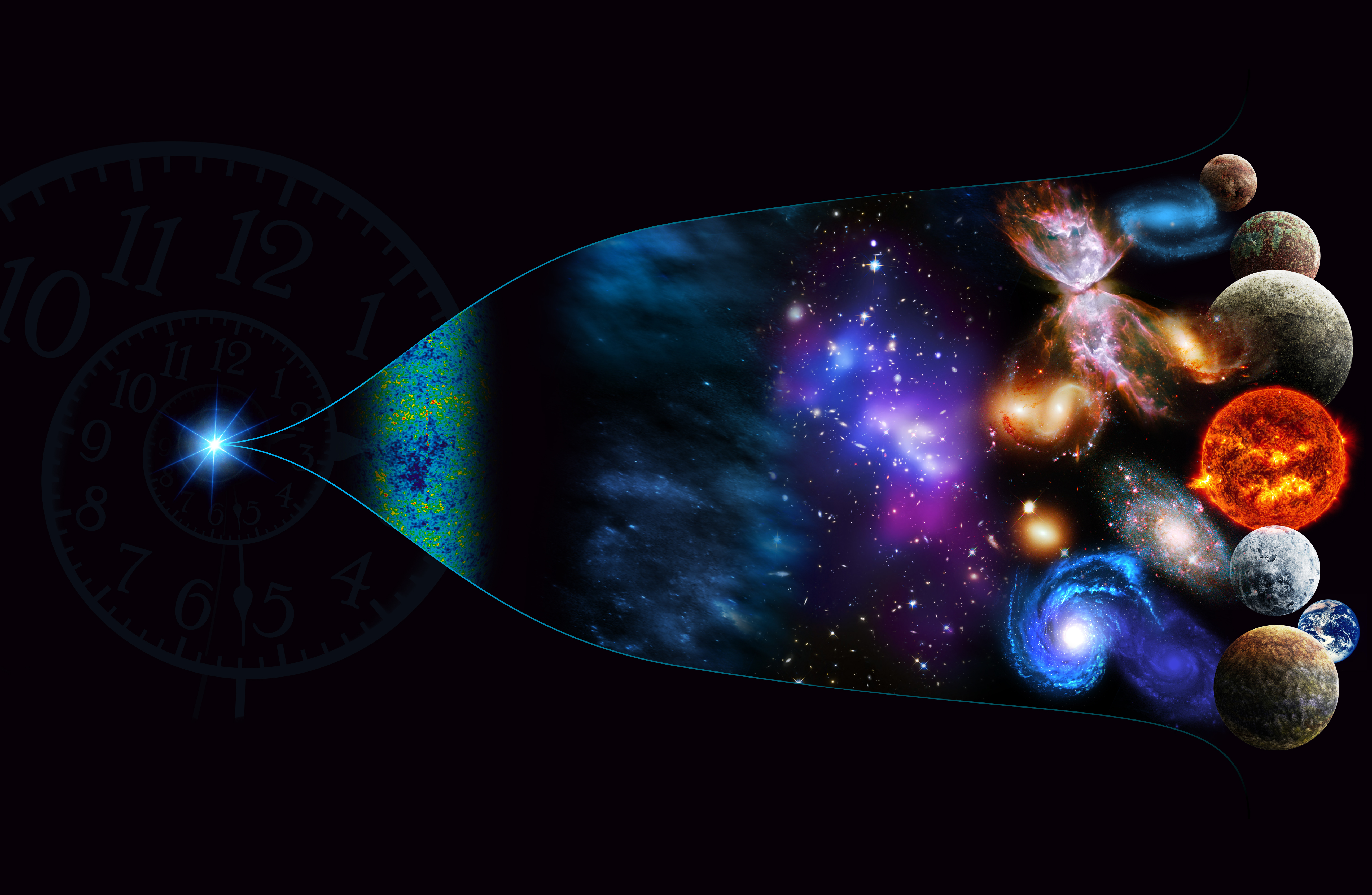 Illustration to show the Big Bang from spark of light into galaxies, planets, etc.