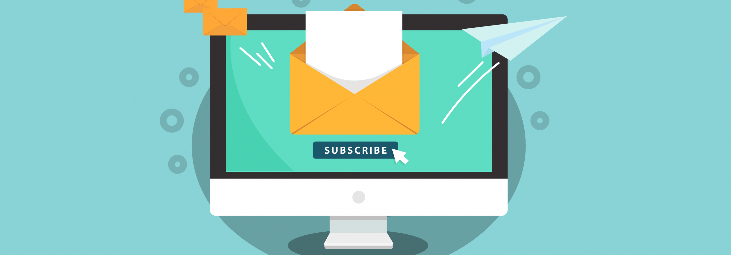 Illustration of a computer screen and Subscribe button with mail